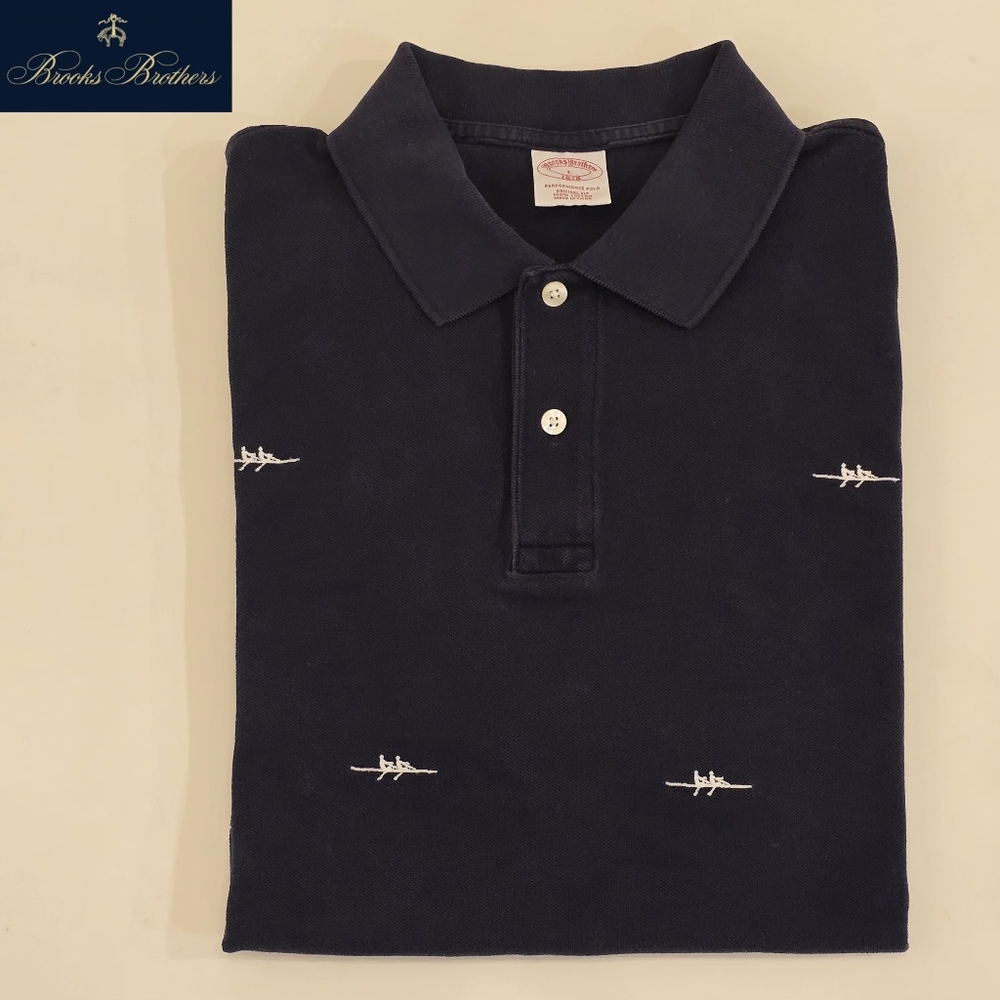 Brooks Brothers Men's Large Navy Polo Shirt w/ Embroidered White Dual Rowers